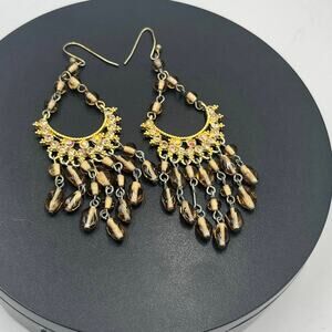 Gold-tone Chandelier Earrings‎ featuring Faceted Amber Brown Glass Beads